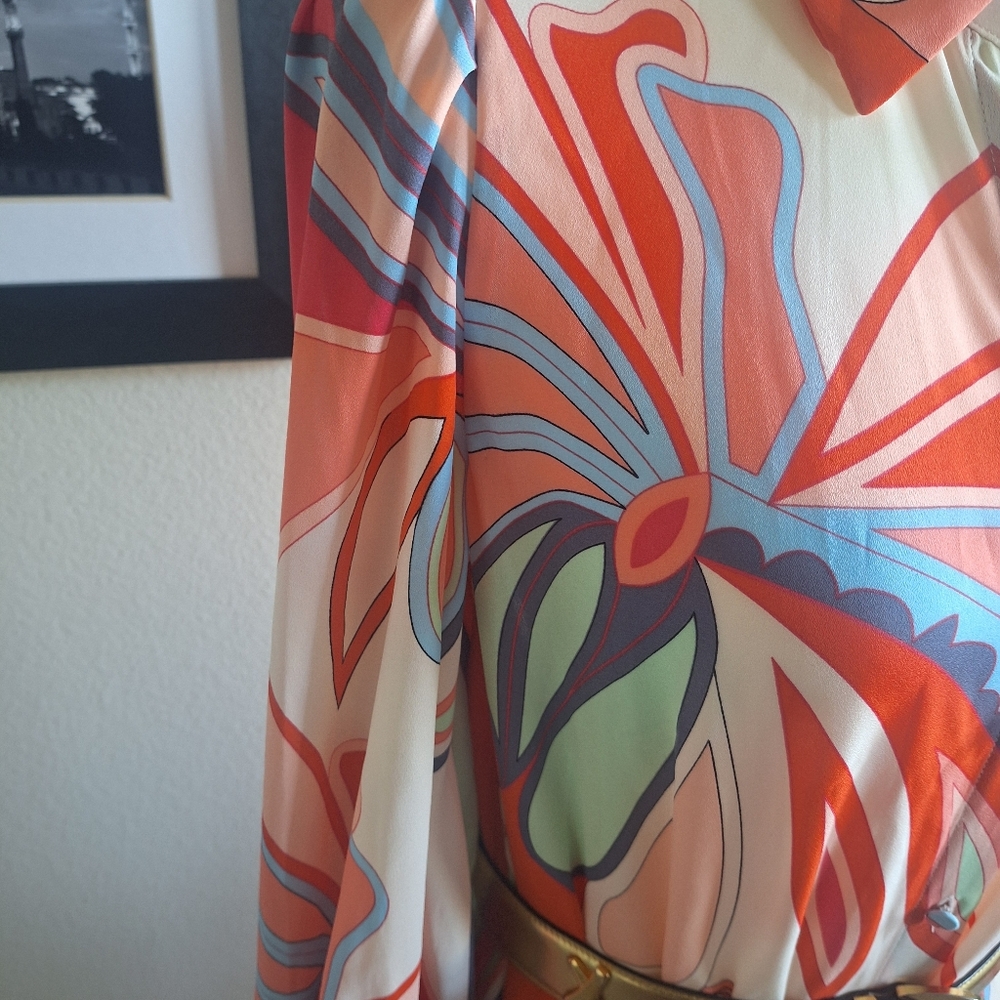 Alexis Multicolor Abstract Midi Shirt Dress in Coral, Blue, Cream  Size S - Picture 5 of 6